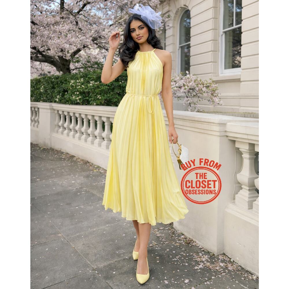 Mango NWT Butter Yellow Pleated Halter Midi Dress 8 - Picture 3 of 16